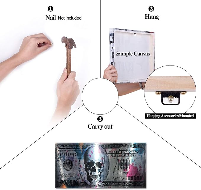 Office Decor Wall Art Canvas Dollar Skull Modern Art Canvas Poster Prints Creative Money 100 Picture Wall Decor Painting Artwork for Home Walls for Living Room Bedroom Framed Ready to Hang-32 Wx16 H