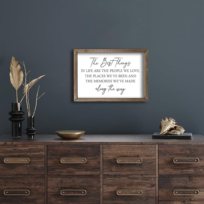 Comurdyo The Best Things in Life Sign 15.7''×11'' Framed Wood Memories Inspirational Quotes Wall Decor Vintage Farmhouse Wedding Gifts Sign Wall Art for family Home Bedroom (Wood)