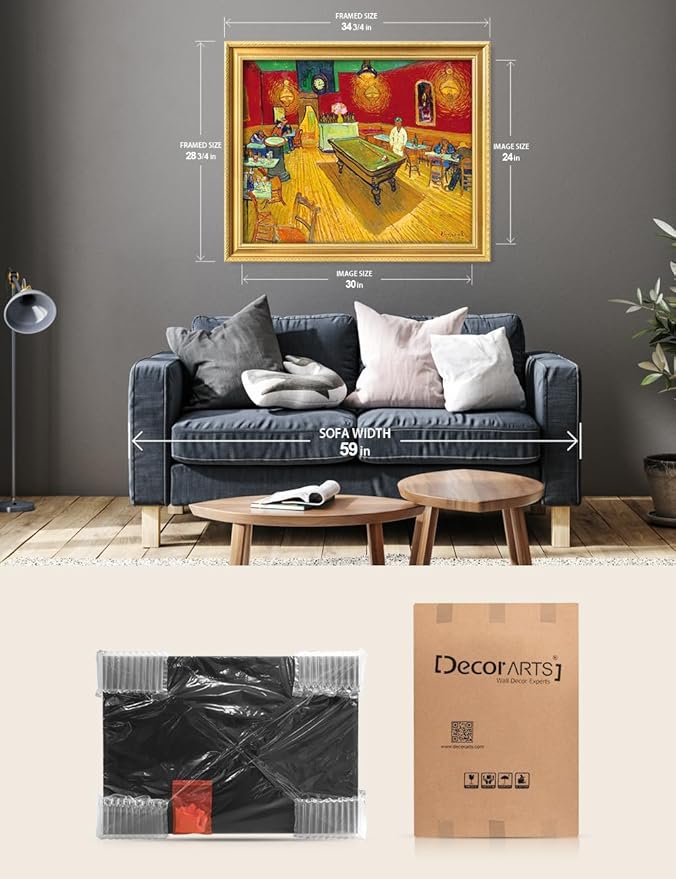 DECORARTS - Vincent van Gogh's The Night Cafe in Arles, Museum-Quality Giclee Canvas Print in Gold Solid Wood Frame, 34.75 x 28.75 in, Ready to Hang, Made in USA