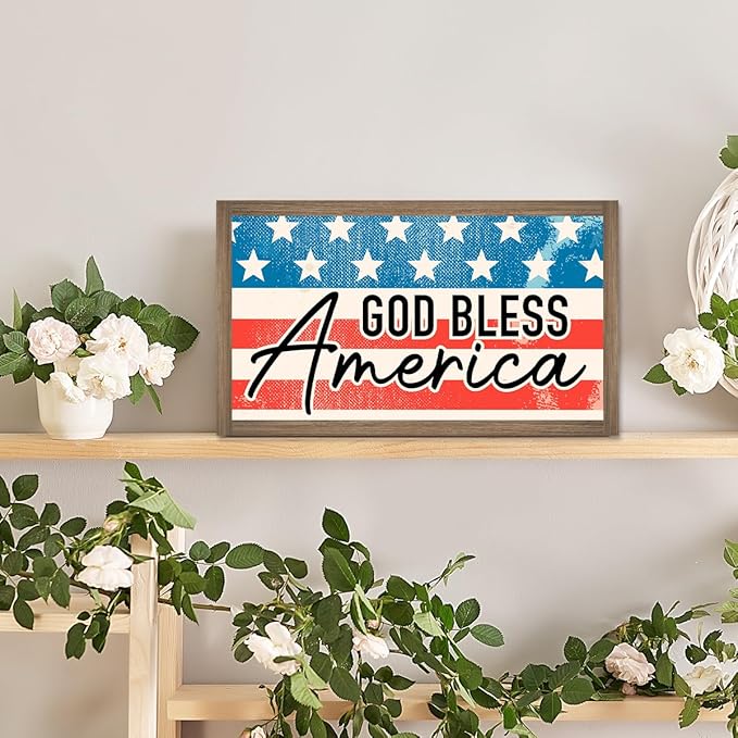 God Bless America Independence Day Wooden Box Sign Desk Decor,Patriotic Labor Day American Flag Wood Block Sign for Farmhouse Home Shelf Tabletop Wall Decor