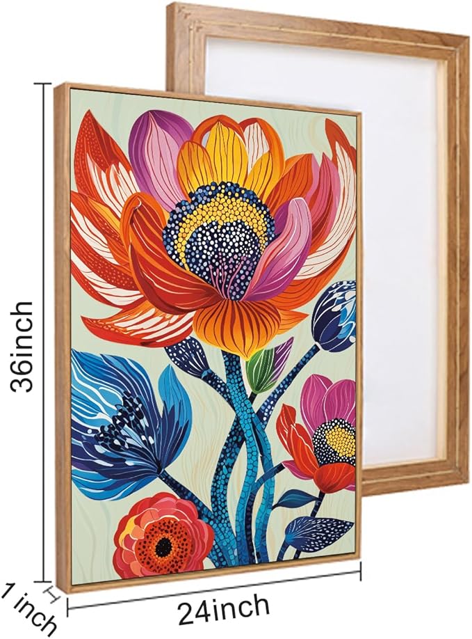HPINUB Abstract Botanical Floral Framed Canvas Wall Art Set,Colorful Dot Art Modern Flower Wall Decor,Vibrant Blooming Flowers Artwork Eye-Catching Boho Art Print for Living Room,Bedroom-24 x36 x3