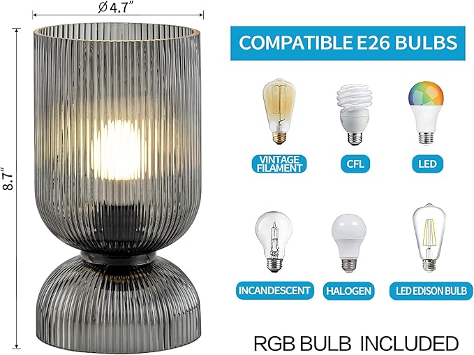 Modern RGB Glass Table Lamp with Remote,Color Changing Bedside Lamp with Ribbed Glass Shade, 16 Colors, On/Off Cord Switch, Nightstand Lamp for Bedroom, Living Room, Office, Bulb Included