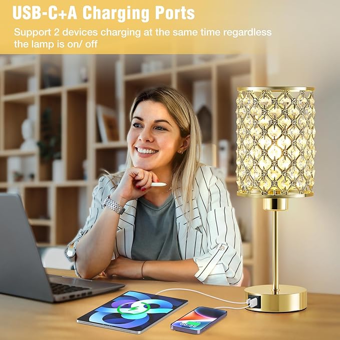 Crystal Table Lamp, Gold Touch Lamp for Nightstand with USB C+A Ports, 3 Way Dimmable Lamp with Crystal Shade, Bedside Lamp Small Lamp for Bedroom, Living Room(Buld Included)