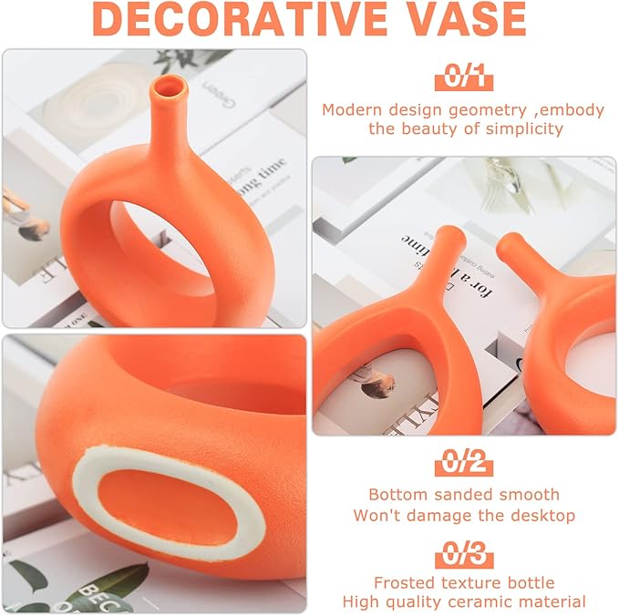Orange Ceramic Hollow Elliptical Vase Set of 2 - Boho Circle Vase with Hole, for Modern Orange Table Decor, Living Room Decor Shelf mid Century Modern Home Entrance Decorative vase