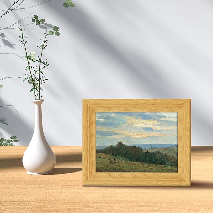 Brivoria Framed Canvas Wall Art Vintage Decor, Rustic Autumn Countryside Landscape with Farmers Fields Trees and Sunset Glow for Kitchen Entryway Bookshelf Office or Tabletop Seasonal Display, 8"x10"