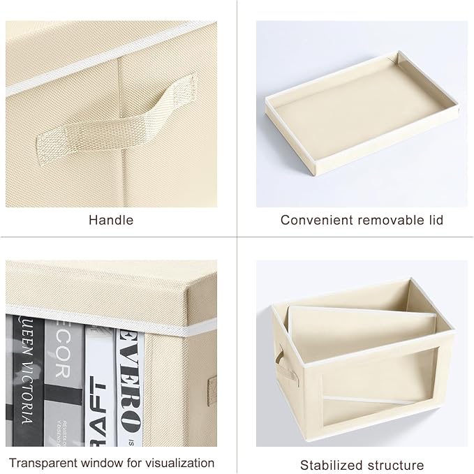 Storage Boxes with Lids - 3 Pack Fabric Clear Window Storage Bins, Collapsible Storage Bins with Lids, Linen Closet Organizer for Clothes, Towel, Blanket, Beige