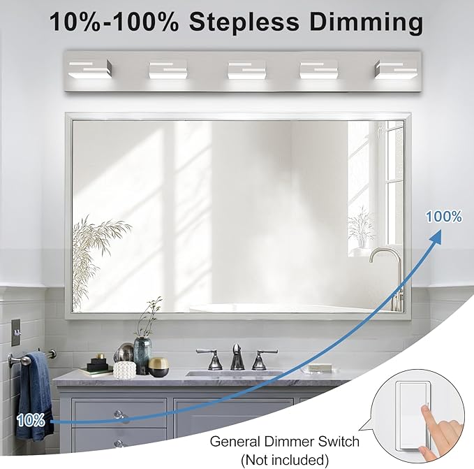 LED Modern Bathroom Vanity Light Fixtures, 5-Light 34-inch Dimmable Brushed Nickel Vanity Lights for Bathroom Lighting Fixtures Over Mirror, with 350° Rotatable Acrylic Heads (Cool White 6000K)