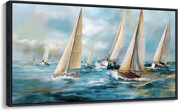 YDYSUNE Sailboat Wall Art - Blue Canvas Abstract Painting Textured Picture Artwork Vintage Nautical Large Painting Coastal Modern Print Frame for Living Room Bedroom Home 20x40inch