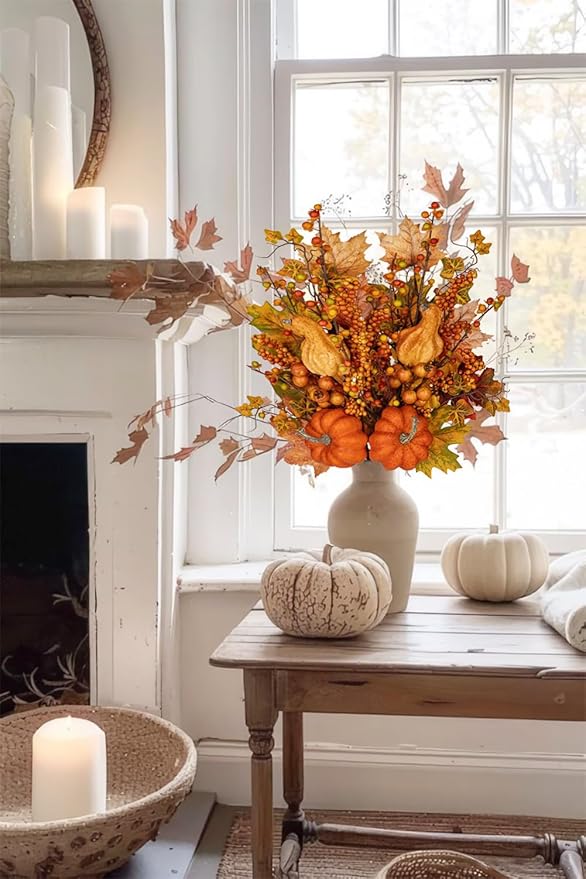 31.5" Artificial Fall Leaf Stems Autumn Leaves Decor, Fall Pumpkin Decorations for Home, 2 Pcs Artificial Berry Maple Leaf Floral Arrangement Long Stems Branches for Festival Vases Centerpieces Swags