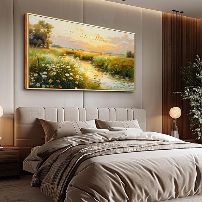 ZUITINGHUA Wood Framed Canvas Wall Art For Living Room Large Wall Decor For Office Bedroom Decorations Pastoral Scenery Picture Water edge Painting Artwork Ready To Hang Home Decor 30x60 In