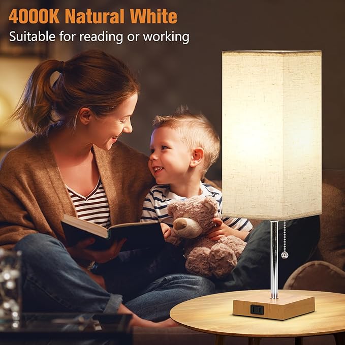 Table Lamp for Bedroom Set of 2, Bedside Lamps with 3 Color Temperatures Night Light, Lamp for Night Stands with AC Outlet and Square Shade, Pull Chain Small Desk Lamp for Living Room Home Decor
