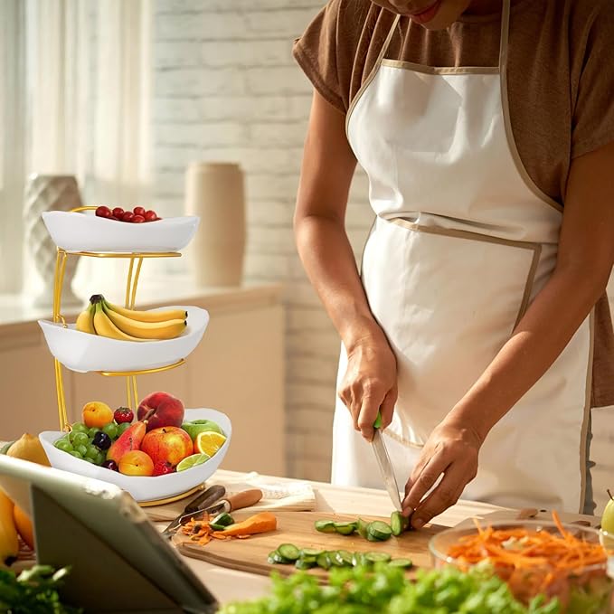 3 Tier Fruit Bowls for Kitchen Counter, White Ceramic Serving Bowls with Gold Metal Stand, Tiered Fruit Basket Display Rack for Fruits Vegetable Snack Nuts Cake Dessert Storage