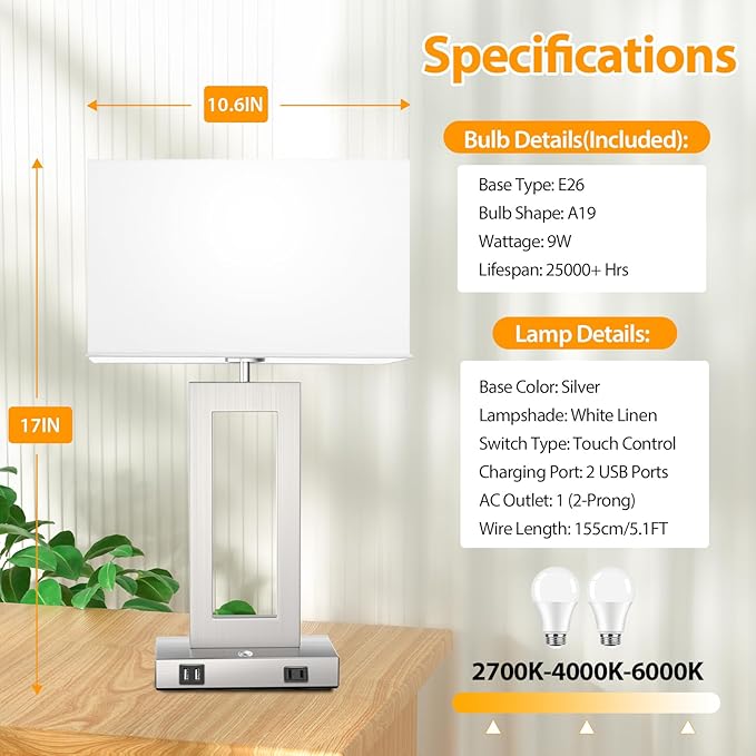 3 Color Temperatures Touch Control Table Lamps Set of 2, Stepless Dimmable Bedside Lamps with 2 USB Ports&AC Outlet, Modern Nightstand Lamps for Bedroom Living Room, Bulbs Included, Silver&White