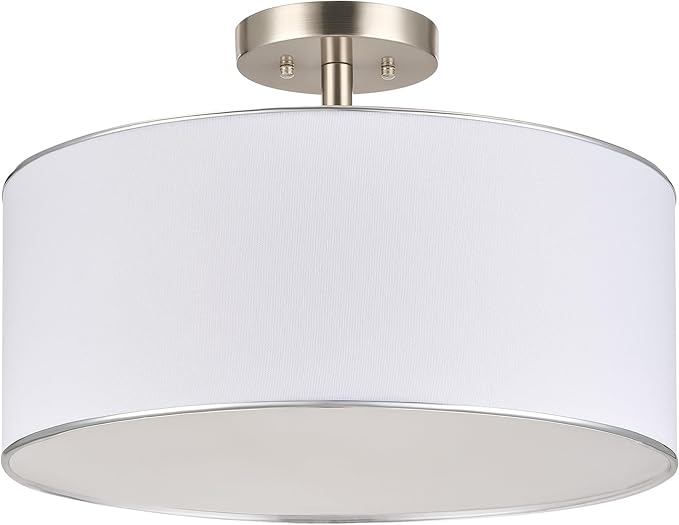VONLUCE Semi Flush Mount Ceiling Light, 18" Drum Light Fixture with Diffused Shaped, Modern Drum Light Fixture for Bedroom Living Room Entryway Hallway, White Shade & Nickel Finish