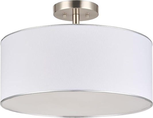 VONLUCE Semi Flush Mount Ceiling Light, 18" Drum Light Fixture with Diffused Shaped, Modern Drum Light Fixture for Bedroom Living Room Entryway Hallway, White Shade & Nickel Finish
