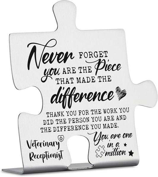 Veterinary Receptionist Appreciation Gifts, Thank You Gifts for Vet Reception Week Birthday Christmas Team Office Ornament Decor Stainless Steel Puzzle Piece Decorative Signs Plaques YCC14