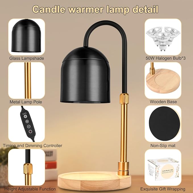 Candle Warmer Lamp with Timer & Dimmer, Adjustable Height Electric Candle Warmer with 3 Bulbs,Compatible Scented Candles, Wax Melt Warmer for Bedroom,Home Decor House Warming Gifts