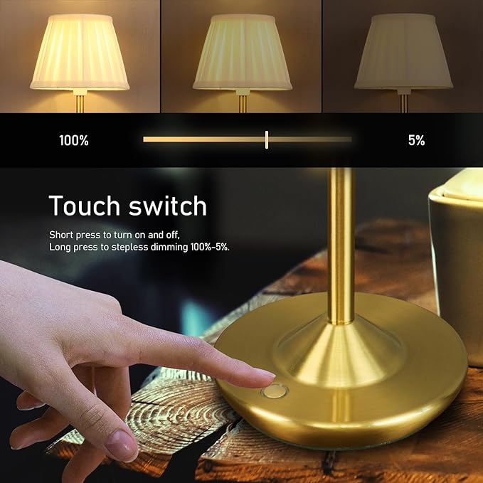 Cordless LED Touch Lamp with Dimmer Portable Small Table Lamp, 18" 2700K Rechargeable Battery Light for Bedside, Dining Room, Bedroom Lamp, Patio, Bar, Night Light, Bathroom (Antique Brass)