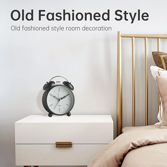 Twin Bell Loud Alarm Analog Alarm Clock, 4 inch Super Silent Non Ticking Small Clock with Night Light, Battery Operated, Simple Design, Old Fashioned, for Heavy Sleeper, Bedroom, Bedside, Desk, Black