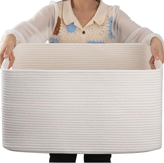 OIAHOMY 75L Large Blanket Basket, Woven Cotton Rope Baskets for Organizing, 22”x17”x12”, Blanket Basket living Room, Bedroom, Nursery, Dog Toy Storage Bins, White