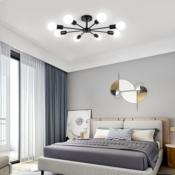 23.62'' Semi Flush Mount Ceiling Light, 8-Lights Modern Chandelier Black Living Room Light, Sputnik Light Fixtures Chandelier for Bedroom Kitchen Study Office