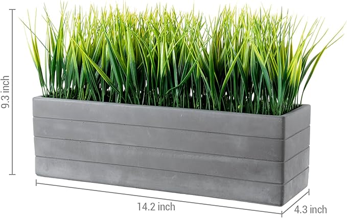 MyGift 14 Inch Artificial Green Grass Plants in Ribbed Dark Gray Concrete Rectangle Planters, Tabletop Faux Greenery in Rectangular Cement Pot Centerpiece Décor