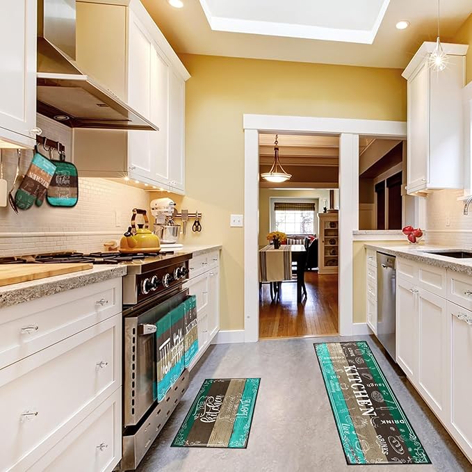 10 Pcs Farmhouse Kitchen Decor Sets, 4 Green Kitchen Dish Towels 2 Teal Pot Holders 2 Oven Mitts Glove Brown Rustic Non Slip Rugs and Mats for Floor Home Decorations Accessories Christmas Mom Gifts
