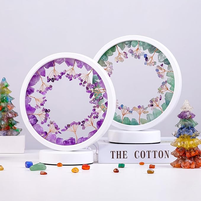 Runyangshi Natural Crystal Green Fluorite Small Tree Round White Frame Tri-Color Ambient Light Home Decoration Night Light Mother's Day Gift