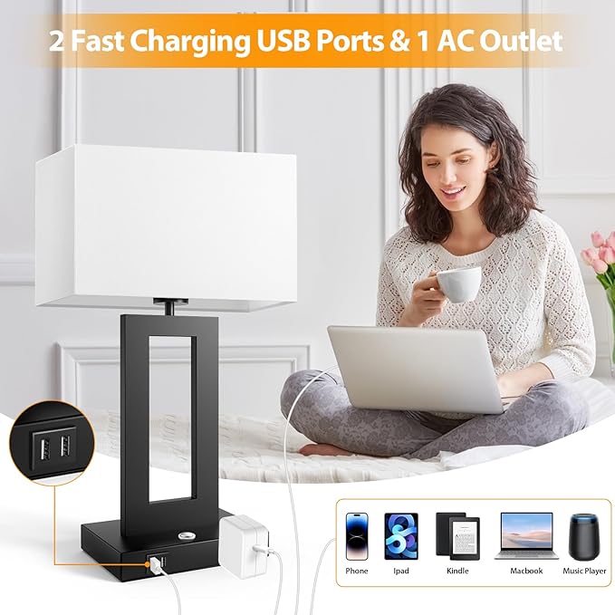 Set of 2 Table Lamps for Bedrooms, 3-Color Temperatures Touch Control Bedside Lamps with 2 USB Ports&AC Outlet, Stepless Dimmable Living Room Lamps for Nightstand, Bulbs Included, White&Black