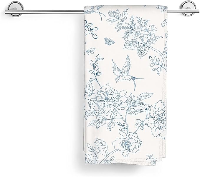 Spring Kitchen Towels 16x24 Inch Navy Blue Chinoiserie Flowers Bird Decor Dish Towels Floral Summer Seasonal Decoration Hand Towels Absorbent Dish Cloths for Home Kitchen Dining Set of 2