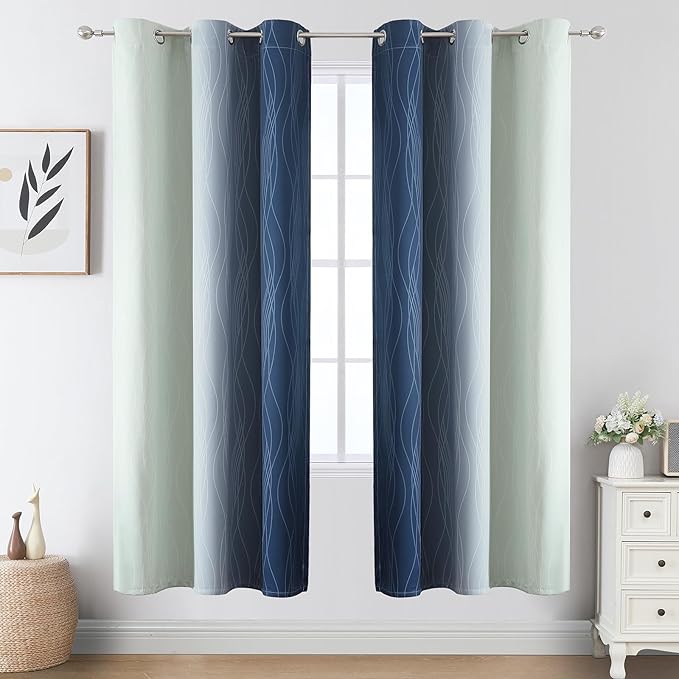 Estelar Textiler Navy Blue and Sage Green Ombre Blackout Curtains 72 Inches Long 2 Panels, Full Room Darkening Grommet Curtains for Bedroom, Thermal Insulated Light Blocking Gradient Drapes, 42Wx72L