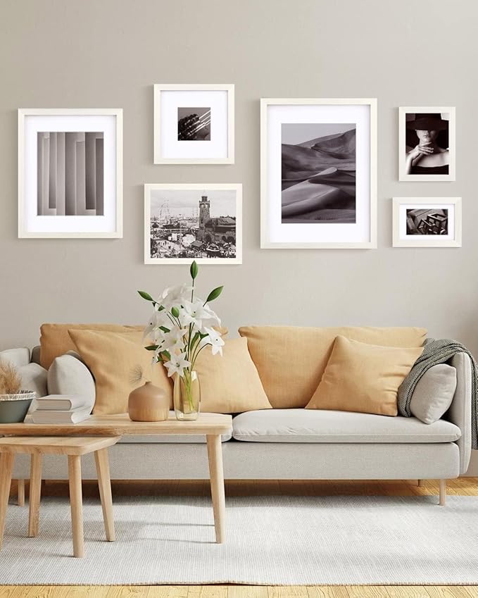 Egofine A4 Picture Frames Set of 4, Made of Solid Wood Covered by Plexiglass 4x6 and 6x8 with Mat or A4 without Mat, for Table Top Display and Wall Mounting Photo Frame Beige