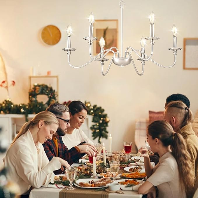 Depuley Modern Chandelier for Dining Room: 6-Light Brushed Nickel Farmhouse Hanging Ceiling Pendant Light Fixture for Kitchen Island - Industrial Vintage Candle Chandeliers for Living Room
