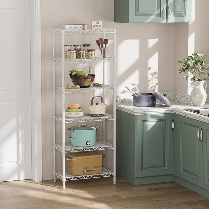 SINGAYE 6 Tier Shelf Adjustable Storage Wire Shelving Unit Metal Shelves Standing Closet Bathroom Organizers Pantry Kitchen Garage Laundry Room Organization Home Rack 12" D X 22" W X 69.5" H White