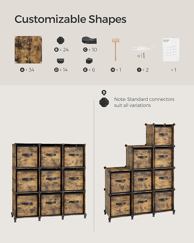 SONGMICS Cube Storage Organizer with Storage Boxes, Set of 9-Cube Organizer, 9 Collapsible Non-Woven Fabric Bins, Customizable, Space-Saving, Bedroom, Rustic Brown ULPC092K01