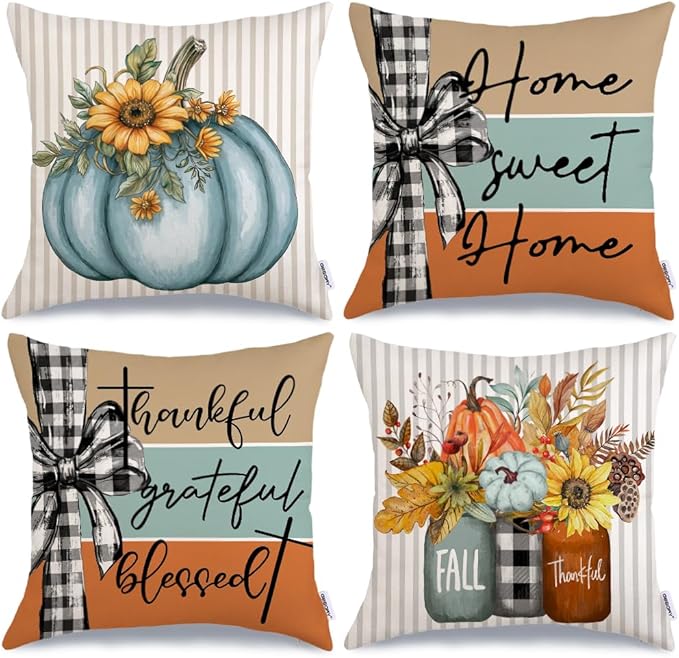 GEEORY Fall Pumpkin Sunflowers Pillow Covers 20x20 Inch Set of 4, Mason Jars Sweet Home Buffalo Plaid Bowknot Autumn Thanksgiving Decorative Throw Pillows Farmhouse Decoration for Sofa Aqua