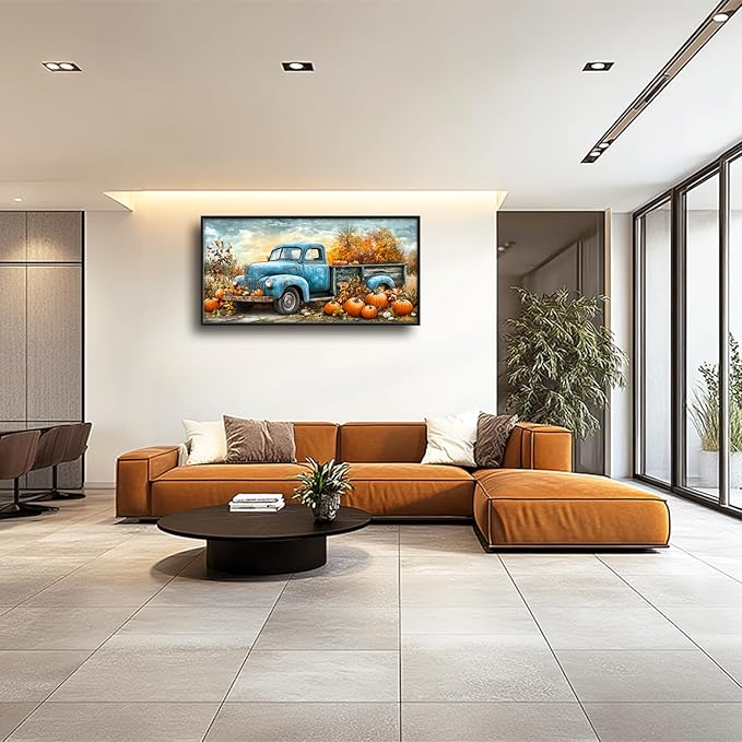 Olivine Fall Large Wall Art, Pumpkin Pictures Wall Decor, Truck Painting, Country Autumn Canvas Prints, Framed Artwork for Dining Room Living Room Bedroom Bathroom Office Home Decor 60"x30"