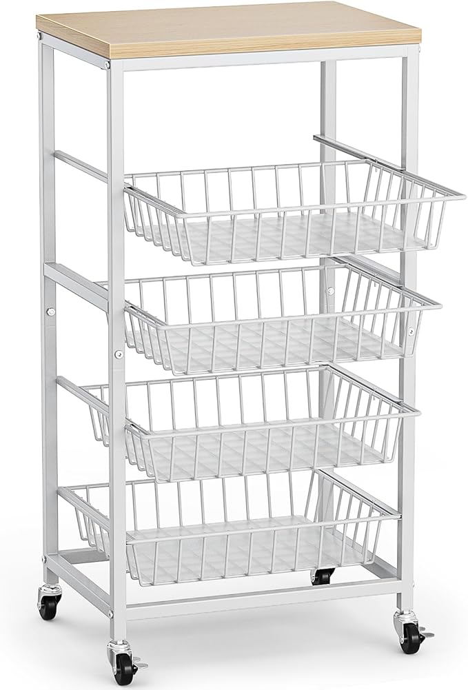 Snack Cart, 5-Tier Kitchen Carts on Wheels with Storage,Fruit Basket Stand with Pull-Out Baskets and Wood Top,Kitchen Organizer for Fruit Vegetable Snack (Oak Beige)