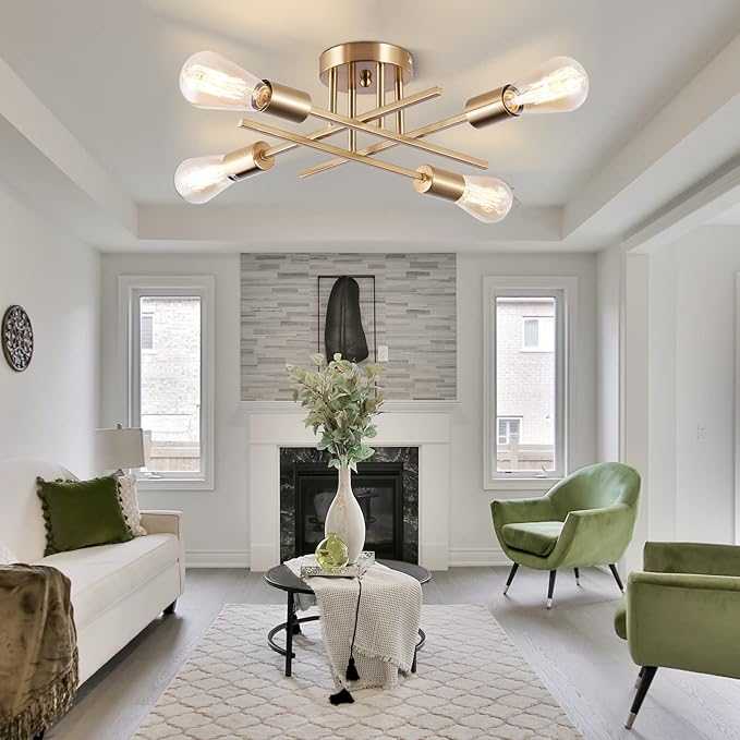 Sputnik Chandeliers, Modern Semi Flush Mount Ceiling Light with E26 Base, Mid Century Industrial Kitchen Farmhouse Light Fixtures for Bedroom Living Room (Brass, Ceiling 4 Lights)