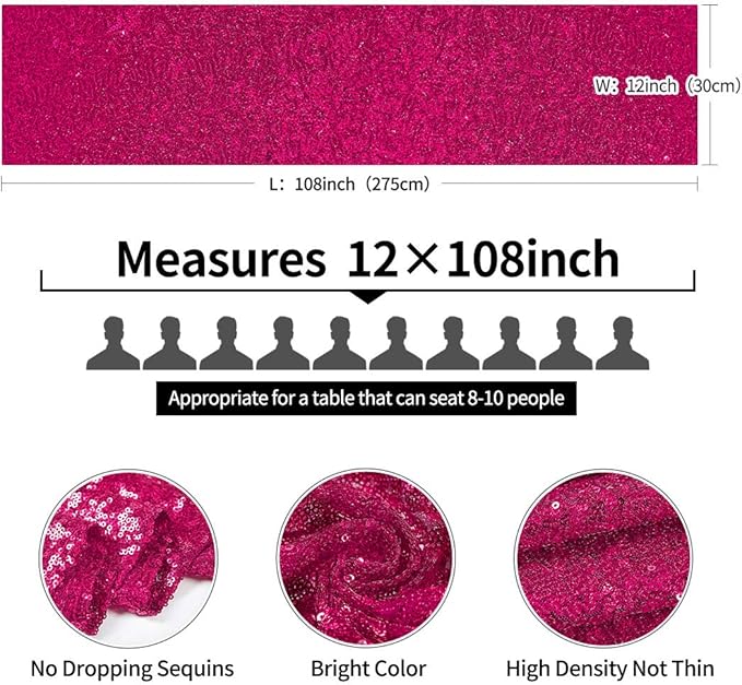 10 Packs 12 x 108 inches Hot Pink Sequin Table Runner, Glitter Fuchsia Table Runner for Wedding Birthday Bachelorette Holiday Party Supplies Decorations Bridal Shower Baby Shower