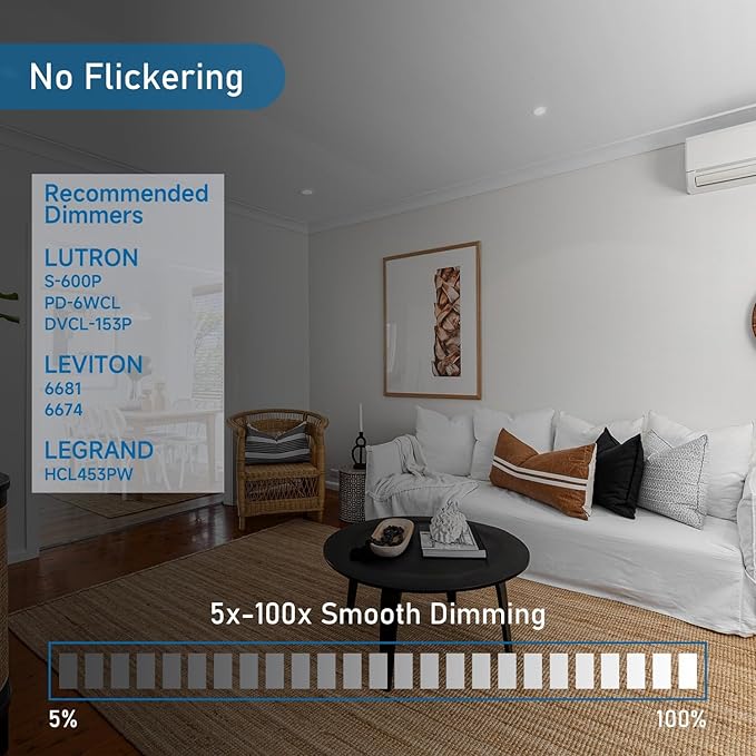 Jolux 5/6 Inch 5CCT Retrofit LED Recessed Lighting 6 Pack, Adjustable 5CCT 2700K-5000K, LED Replacement Can Lights,Dimmable,12=60W, E26 Base, Flat Trim,Easy Retrofit Downlight Installation.