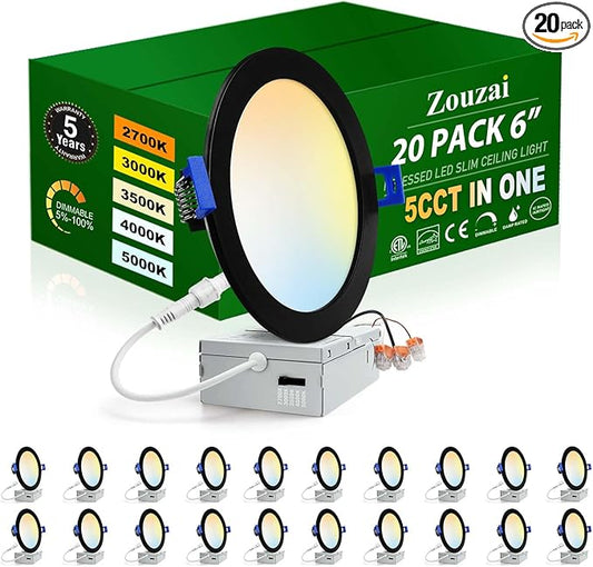 zouzai 20 Pack 6 Inch Black Ultra-Thin LED Recessed Ceiling Light with Junction Box 5CCT Adjustable Dimmable Can-Killer Downlight - ETL and Energy Star Certified