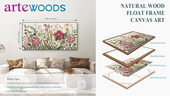 arteWOODS Botanical Framed Wall Art - Flowers Canvas Pictures Wall Decor Wildflowers Plants Painting Artwork Red Beige Blooming Floral Prints for Living Room Bedroom 58 x 29in Natural Wood Frame