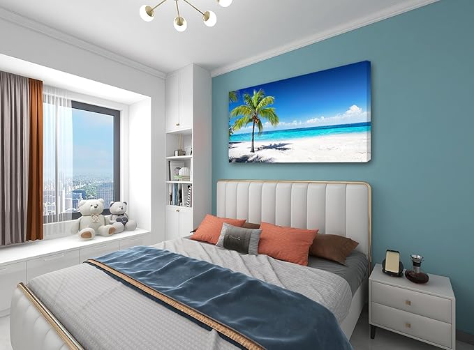 Baisuart-Large Canvas Wall Art Summer Ocean Waves Coconut Trees on Sands Beach Seascape Painting Sea Nature Pictures for Living Room Home Office Wall Decor Artwork