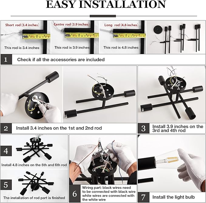 ASGYISA Semi Flush Mount Modern Ceiling Light Fixture, 6 Lights Black Vintage Matte Sputnik Chandelier Ceiling Lamp with E26 Bulb Base for Farmhouse Dining Room Living Room Bedroom Study Kitchen