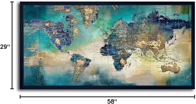 Large World Map Canvas Prints Wall Art for Living Room Office "29x58" Green World Map Picture Artwork Decor for Home Decoration Black Framed Wall Art
