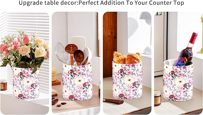 Kitchen Utensil Holder,7.2″Extra Large Stable Pattern Ceramic Utensil Crock,Utensil Organizer for Countertop,Kitchen Decor,Utensil Holder for Housewarming,Wedding Gift (Pink White)