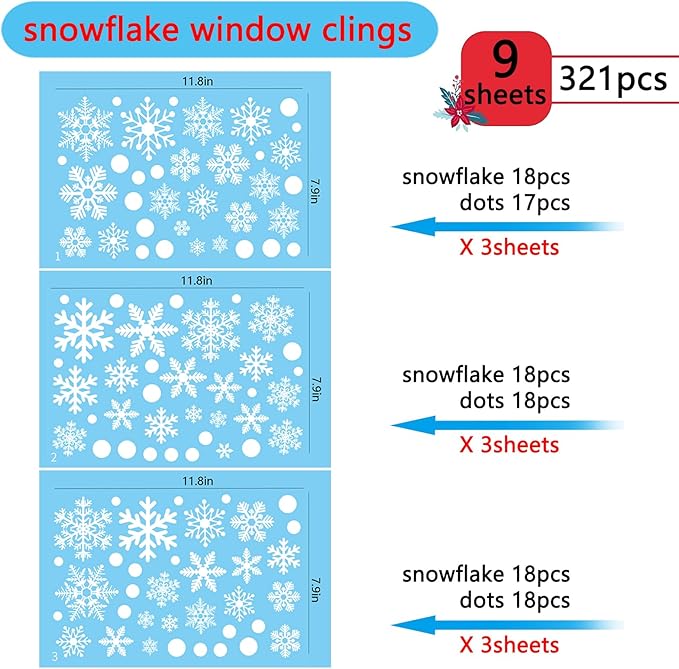 Snowflake Window Clings for Glass Windows Snow Spray, 321PCS Christmas Window Clings Winter Xmas Holiday Window Stickers Decals Decor, 9 Sheets Christmas Decorations for Office Clearance Indoor