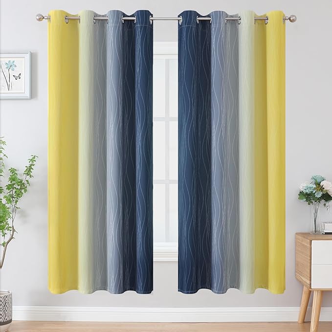 Estelar Textiler Navy Blue and Yellow Blackout Curtains 72 Inch Length 2 Panels Set, Full Room Darkening Grommet Ombre Curtains for Bedroom, Thermal Insulated Light Blocking Gradient Drapes, 52Wx72L