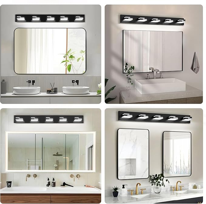 LED Modern Bathroom Vanity Light Fixtures, 5-Light 34-inch Dimmable Matte Black Vanity Lights for Bathroom Lighting Fixtures Over Mirror, with 350° Rotatable Acrylic Heads (Cool White 6000K)